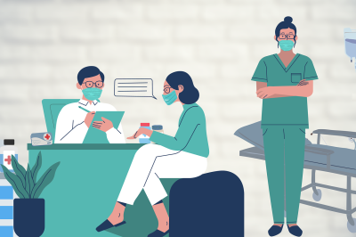 Cartoon picture of doctor and patient